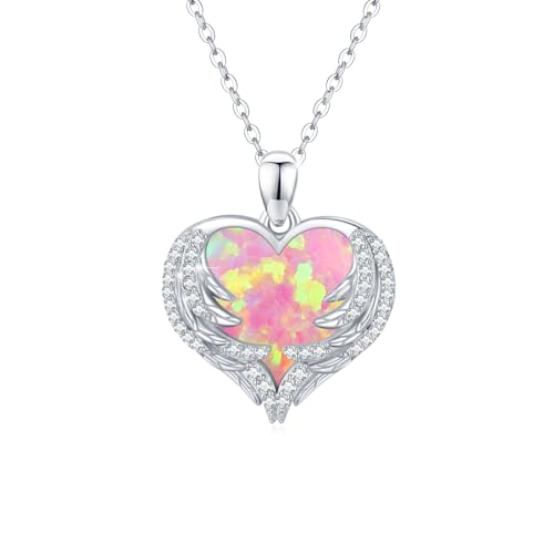 CUOKA MIRACLE Engelsflügel Kette Herz Opal Kette Silber 925 Schutzengel Flügel Anhänger Pink Liebe Regenbogen Opal Halskette Opal Schmuck Liebe Geschenke für Frauen Freundin Mutter Tochter (03-Pink) von CUOKA MIRACLE
