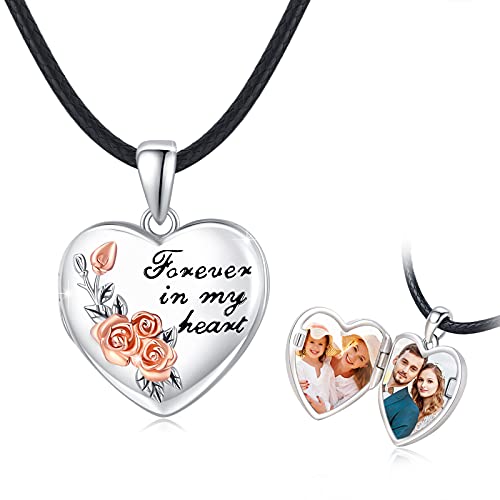 CUOKA MIRACLE Kette Damen Foto Herz Medaillon Kette 925 Sterling Silber Rose Blume Amulett Foto Medaillon Anhänger Halskette Photo Locket Kette für Mutter Paar Mädchen von CUOKA MIRACLE