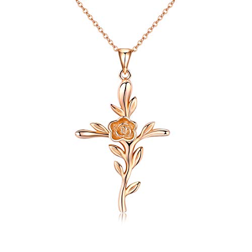 CUOKA MIRACLE Kreuz Kette Rose Blume Halskette 925 Sterling Silber Kruzifix Halskette für Frauen Religiöse Anhänger Amulett Schmuck Geschenke für Damen Jungen Mädchen (02-Roségold) von CUOKA MIRACLE