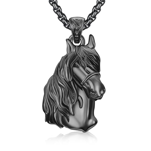 CUOKA MIRACLE Pferdekopf Kette für Herren 925 Sterling Silber Wikinger Pferde Schwarz Anhänger Halskette Damen Unisex Pferde Schmuck Valentinstag Geschenke für Männ Pferdeliebhaber von CUOKA MIRACLE