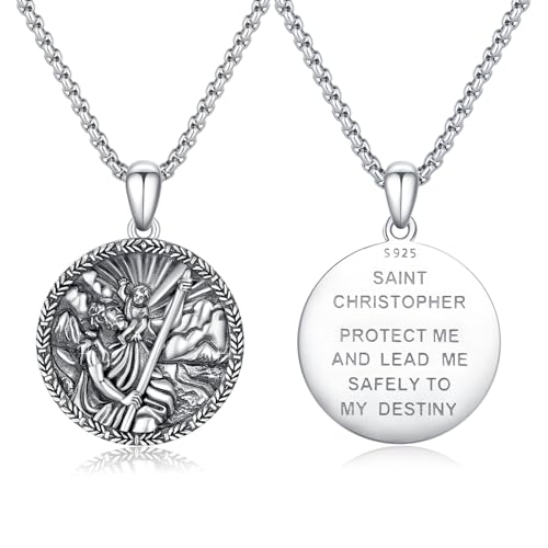 St Christophorus Medaille für Männer 925 Sterling Silber Runde Halskette mit dem Heiligen Christophorus Halskette mit dem Heiligen Christophorus Anhänger Schutzschmuck Religiöse Geschenke von CUOKA MIRACLE
