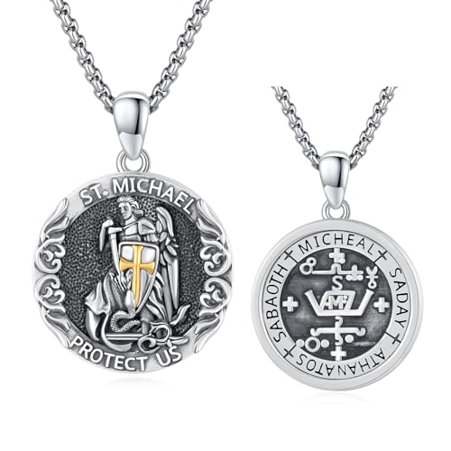 Erzengel Michael Kette Religiöse Beschützer Halskette 925 Sterling Silber Medaille Anhänger Halskette Religiöse Schutz Patron Amulett Schmuck Geschenk St Michael Schutz Halskette 22+2 Zoll von CUOKA MIRACLE