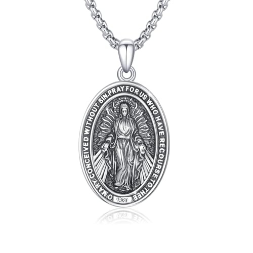 CUOKA MIRACLE Virgin Mary Religiöse Beschützer Halskette 925 Sterling Silber Medaille Anhänger Jungfrau Maria Halskette Religiöse Schutz Patron Amulett Schmuck Geschenk St Schutz Halskette von CUOKA MIRACLE