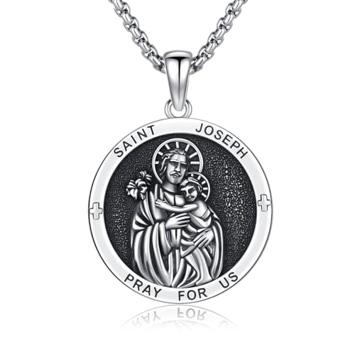 CUOKA MIRACLE Religiöse Beschützer Halskette St. Joseph 925 Sterling Silber Medaille Anhänger Heiliger Josef Halskette Religiöse Schutz Patron Amulett Schmuck Geschenk St Schutz Halskette von CUOKA MIRACLE
