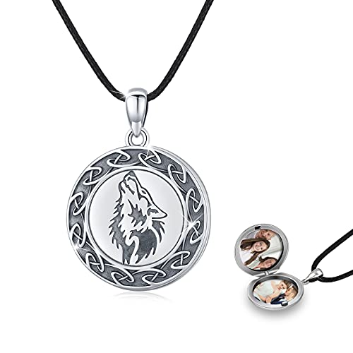 CUOKA MIRACLE Wolf Medaillon Kette Silber 925 Oxidiert Wolf Foto Medaillon Kette Amulett zum öffnen für Bilder Wolf Kette for Herren Männer Valentinstag Vatertagsgeschenke für Papa von CUOKA MIRACLE