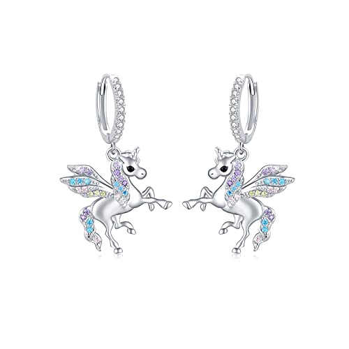 Einhorn Ohrringe Mädchen Creolen Silber 925 Regenbogen Einhorn Creolen Kinder Einhorn Ohrringe Hängend Klein Creolen für Damen Einhorn Schmuck Valentinstag Geschenke Damen Mutter Tochter Schwester von CUOKA MIRACLE