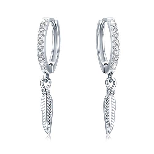 Feder Ohrringe 925 Sterling Silber Kleine Creolen für Frauen Zirkonia Huggie Hinged Dangle Feather für Männer von CUOKA MIRACLE