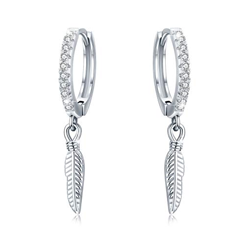 Feder Ohrringe 925 Sterling Silber Kleine Creolen für Frauen Zirkonia Huggie Hinged Dangle Feather für Männer von CUOKA MIRACLE