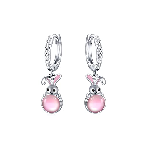 Hasen Ohrringe Creolen Mädchen 925 Sterling Silber Kinder Creolen Rosa Mondstein Hasen Ohrringe Tier Creolen Ohrringe Weihnachts Geschenk für Damen Mutter Tochter (Rosa) von CUOKA MIRACLE