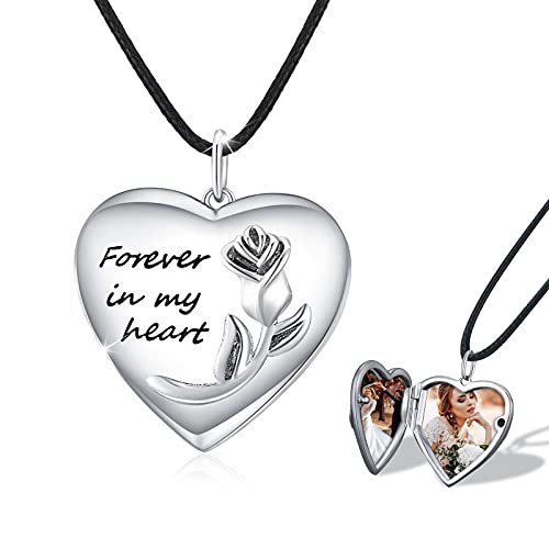 Herz Medaillon Kette Silber 925 Oxidiert Foto Anhänger Amulett Kette Rose Blume Foto Medaillon Halskette Foto Bilder Amulett Valentinstag Muttertags Valentinstag Geschenke für Damen/Mutter/Tochter von CUOKA MIRACLE