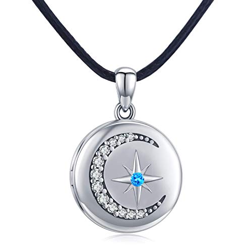 Mond Stern Medaillon Kette 925 Sterling Silber Medaillon Mond und Stern Kette Amulett zum öffnen für Bilder Foto Polarstern Zirkonia Foto Medaillon Kette Amulett Schmuck Geschenk Damen/Mutter/Tochter von CUOKA MIRACLE
