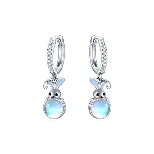 Silber Creolen Ohrringe für Damen/Mädchen/Kinder - Mondstein Hasen Tier Creolen mit Abschluss - Geschenk für jeden Anlass von CUOKA MIRACLE