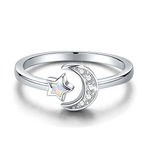 CUOKA MIRACLE Opal Ring 925 Sterling Silber Mond Stern Verstellbare Ringe für Damen Zirkonia Cresent Moon Offener Ring Schmuck Geschenk für Mama Großmutter Freundin von CUOKA MIRACLE