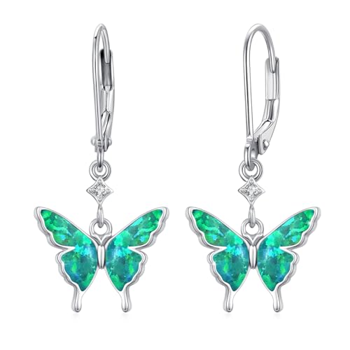 Schmetterling Ohrringe 925 Sterling Silber Opal Ohrringe Mädchen Schmetterling Opal Schmuck Tier Hängende Barren Ohrringe Anhänger Ohrringe Geschenk für Damen Frauen Tochter Ehefrau Mutter (Green) von CUOKA MIRACLE