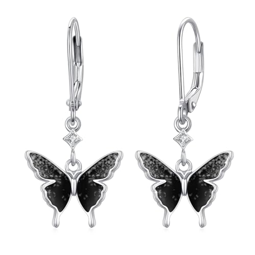 Schmetterling Ohrringe 925 Sterling Silber Opal Ohrringe Mädchen Schmetterling Opal Schmuck Tier Hängende Barren Ohrringe Anhänger Ohrringe Geschenk für Damen Frauen Tochter Ehefrau Mutter (Black) von CUOKA MIRACLE