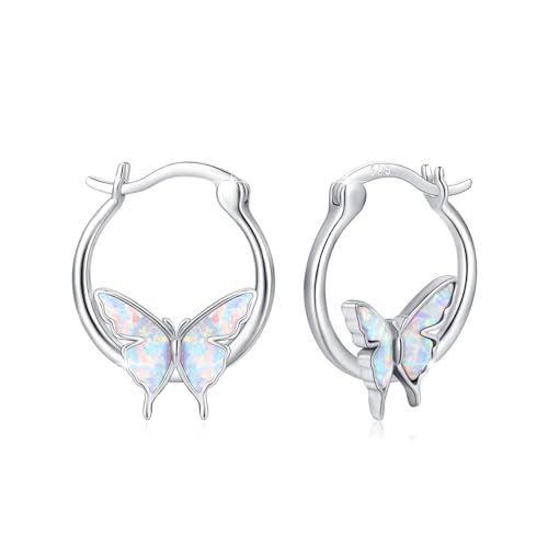 Schmetterling Ohrringe Mädchen 925 Sterling Silber Opal Ohrringe Schmetterlings Creolen Ohrringe Opal Schmuck Geschenk für Damen Frauen Tochter Ehefrau (Hoops-white) von CUOKA MIRACLE