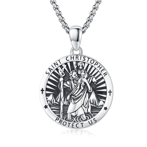 St. Christopher Kette Religiöse Beschützer Halskette 925 Sterling Silber Medaille Anhänger Halskette Religiöse Schutz Patron Amulett Schmuck Geschenk St Schutz Halskette 22+2 Zoll (St. Christopher-02) von CUOKA MIRACLE