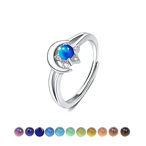 Stimmungsring S925 Sterling Silber Verstellbare Offener Ring Mond und Stern Ring Stimmungsring Kinder Stimmung Schmuck Weihnachtsgeschenke für Damen Mädchen Freunde von CUOKA MIRACLE