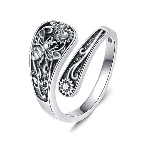 CUPENDA Bienen Ring 925 Sterlingsilber Sonnenblumenlöffel Verstellbare Vintage Ringe Schmuck Für Damen Mutter von CUPENDA