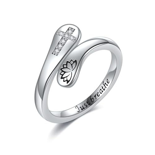 CUPENDA Just Breathe Ring 925 Sterling Silber Lotus Kreuz Einfach Atmen Verstellbarer Offener Ring Hope Ringe Schmuck für Damen von CUPENDA