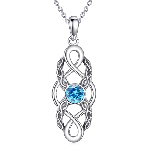 CUPENDA Keltischer Knoten Geburtsstein Halskette Sterling Silber Keltische Irische Anhänger Glücksschmuck für Frauen-Geburtssteinkette März von CUPENDA