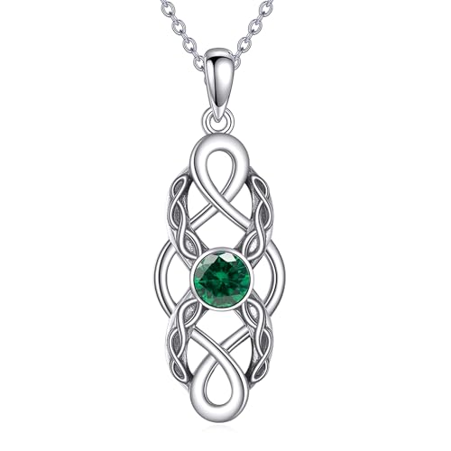 CUPENDA Keltischer Knoten Geburtsstein Halskette Sterling Silber Keltische Irische Anhänger Glücksschmuck für Frauen-Geburtssteinkette Mai von CUPENDA