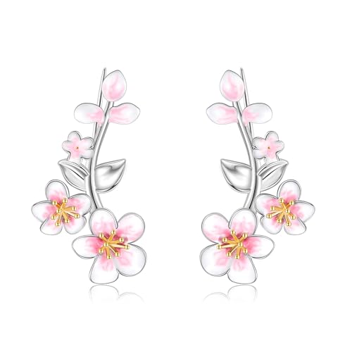 CUPENDA Kirschblüten Ear Climbers Ohrkletterer Sterling Silber Kirschblüten Baumelnd Ohrklemme Ohrringe Schmuck Valentinstag Geschenke für Frauen von CUPENDA