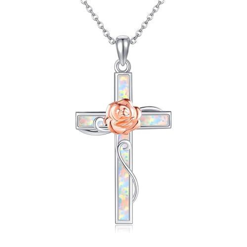 CUPENDA Kreuz-Halsketten FüR Frauen Sterling Silber Opal Kreuz Rose Blume AnhäNger Glaube Christlichen ReligiöSen Schmuck füR Frauen von CUPENDA