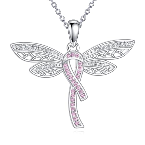 CUPENDA Libellen Kette 925 Sterling Silber Brustkrebs Bewusstseins Anhänger Halskette Krebsüberlebende Schmuck Geschenke für Damen von CUPENDA