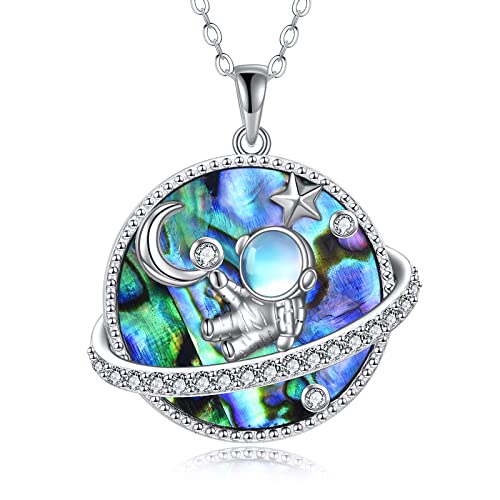 CUPENDA Mondstein Astronaut Halskette Sterling Silber Blauer Planet Anhänger Raum Mond Saturn Schmuck Geschenke für Frauen Spaceman von CUPENDA