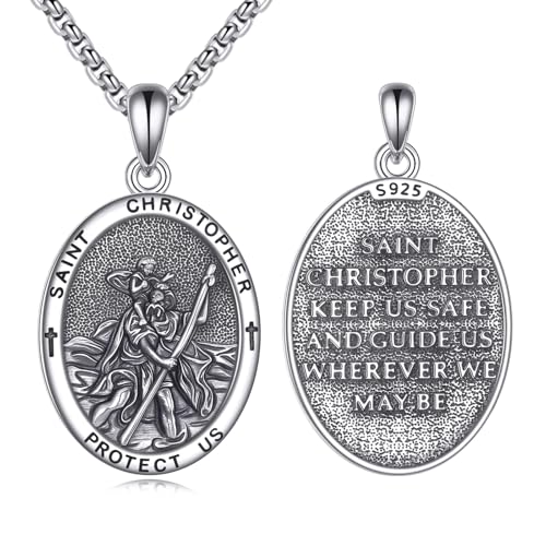 CUPENDA ST Christopherus Anhänger Halskette für Männer Frauen 925 Sterling Silber ST. Christopherus Halskette Christlicher Schmuck Geschenke 2.5mm 22"+2" Rolo Kette von CUPENDA