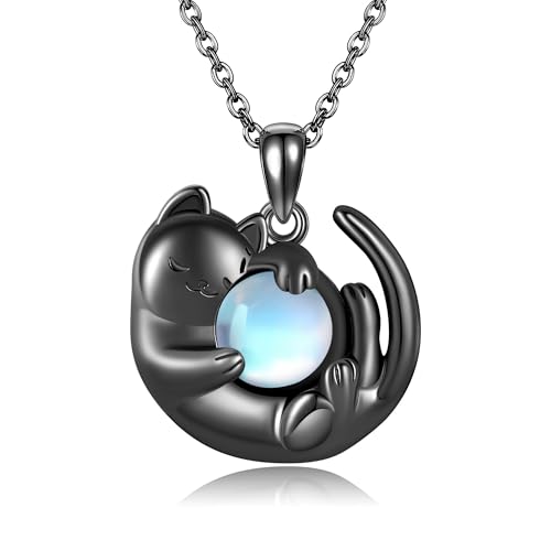 CUPENDA Schwarze Katzenhalskette Sterlingsilber Katzenanhänger mit Mondsteinhalskette für Frauen schwarze Katzenschmuckgeschenke für Frauen Katzenliebhaber von CUPENDA