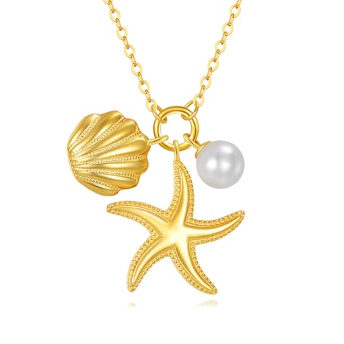 CUPENDA Seestern Muschel Halskette 925 Sterlingsilber Vergoldet Perlen Anhänger Halskette Strand Ozean Sommer Schmuck für Damen von CUPENDA
