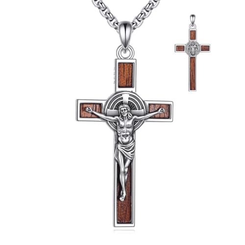 CUPENDA St. Benedikt Medaille Kette Halskette 925 Sterlingsilber Holz Saint Benedikt-Kruzifix Kreuz Anhänger Schmuck für Damen Herren von CUPENDA