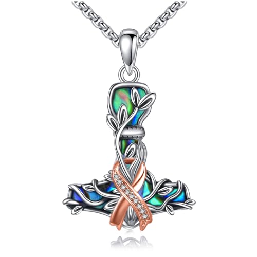 CUPENDA Thors Hammer Brustkrebs Kette Halskette 925 Sterlingsilber Mjolnir Rosa Band Anhänger Brustkrebs Survivor Schmuck für Damen von CUPENDA