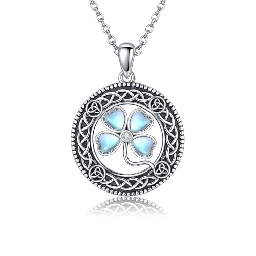 CUPENDA Vierblättrige Kleeblatt Halskette Sterling Silber Keltischer Knoten Mondstein Anhänger Irischer Schmuck Valentinstag Geschenke für Frauen von CUPENDA