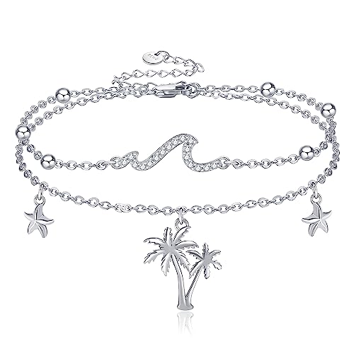 CUPENDA Wellen Fußkettchen für Frauen Sterling Silber Palmen Seestern Layered Ocean Strand Fußkettchen Schmuck Geschenke für Frauen Mädchen von CUPENDA