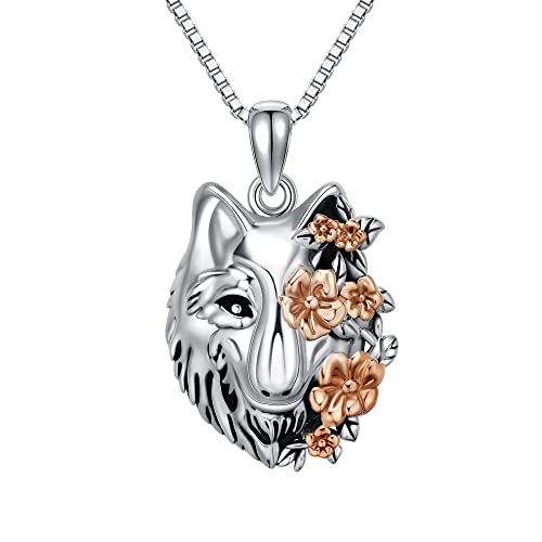CUPENDA Wolf Halskette Sterling Silber Heulender Wolfskopf Blume Anhänger Halskette Nordische Wikinger Schmuck Geschenke für Frauen von CUPENDA