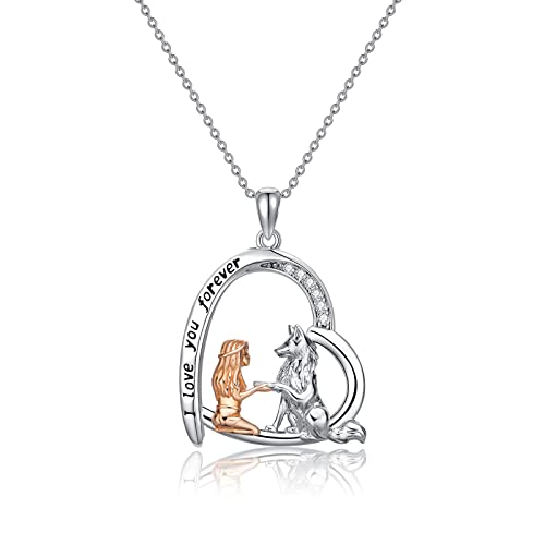 CUPENDA Wolf Halskette Sterling Silber Wolf mit Mädchen Herz Anhänger Halskette Tier Wolf Schmuck Geschenke für Frauen Freundin von CUPENDA