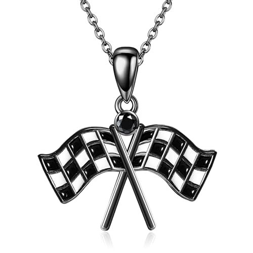 CUPENDA Zielflagge Rennen Kette 925 Sterlingsilber Anhänger mit Checkered Flag am Renntag Halskette schmuck für Damen Rennfahrer von CUPENDA