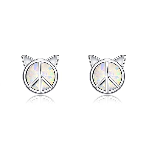 Katze Ohrringe Sterlingsilber Peace Zeichen Opal Ohrstecker Niedlich Tier Schmuck Geschenke für Frauen Mädchen von CUPENDA