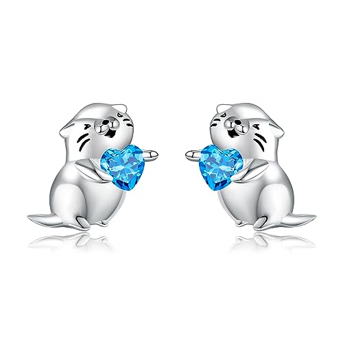 Otter Geschenke Sterling Silber Otter Ohrringe mit blauen Zirkonia Tier Ohrsteckern Seeotter Schmuck Geschenke für Frauen Tochter von CUPENDA
