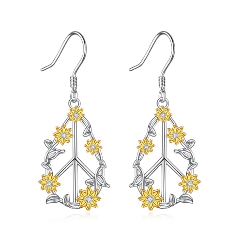 Peace Zeichen Ohrringe Sterling Silber Peace Sunflower Dangle Drop Ohrringe Friedenssymbol Schmuck Geschenke für Frauen Mädchen von CUPENDA