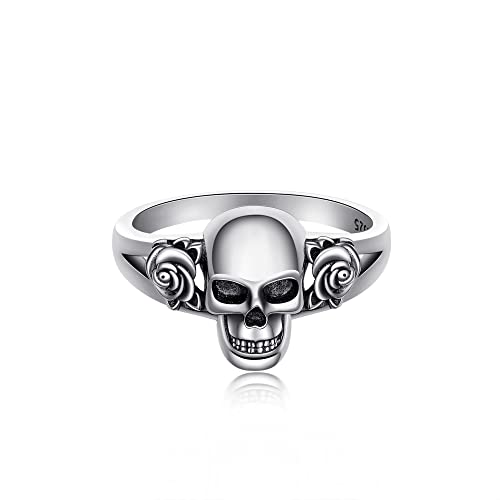 Schädel Ringe 925 Sterling Silber Gothic Totenkopf mit Rose Blume Statement Ring Vintage Skelett Schmuck für Damen-8 von CUPENDA