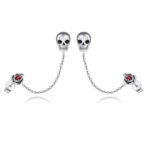 Totenkopf Ohrringe 925er Sterlingsilber Totenkopf Kopf Rose Doppelte Ohrstecker Kette Quaste Piercing Ohrring Gothic Schmuck für Frauen von CUPENDA