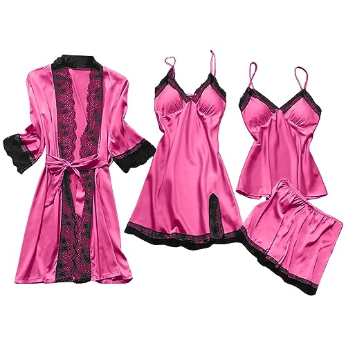 4-Teiliges Schlafanzug Damen Pyjama Set 4 Stück Set Satin Nachthemd Shorts Schlafanzug Spitze Nachtwäsche Sexy Seiden Nachtkleid Negligee Robe Frühling Sommer Herbst Morgenmantel Weich Hot Pink S von CUPOOD