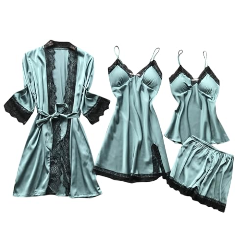 4-Teiliges Schlafanzug Damen Pyjama Set 4 Stück Set Satin Nachthemd Shorts Schlafanzug Spitze Nachtwäsche Sexy Seiden Nachtkleid Negligee Robe Frühling Sommer Herbst Morgenmantel Weich Mint Green M von CUPOOD