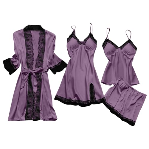 4-Teiliges Schlafanzug Damen Pyjama Set 4 Stück Set Satin Nachthemd Shorts Schlafanzug Spitze Nachtwäsche Sexy Seiden Nachtkleid Negligee Robe Frühling Sommer Herbst Morgenmantel Weich Purple XXL von CUPOOD