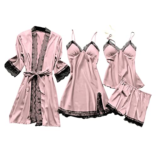 4-Teiliges Schlafanzug Damen Pyjama Set 4 Stück Set Satin Nachthemd Shorts Schlafanzug Spitze Nachtwäsche Sexy Seiden Nachtkleid Negligee Robe Frühling Sommer Herbst Morgenmantel Weich Z Dark Pink von CUPOOD