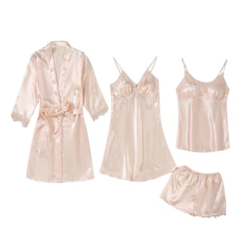 4-Teiliges Schlafanzug Damen Pyjama Set 4 Stück Set Satin Nachthemd Shorts Schlafanzug Spitze Nachtwäsche Sexy Seiden Nachtkleid Negligee Robe Frühling Sommer Herbst Morgenmantel Weich Z1 Beige M von CUPOOD